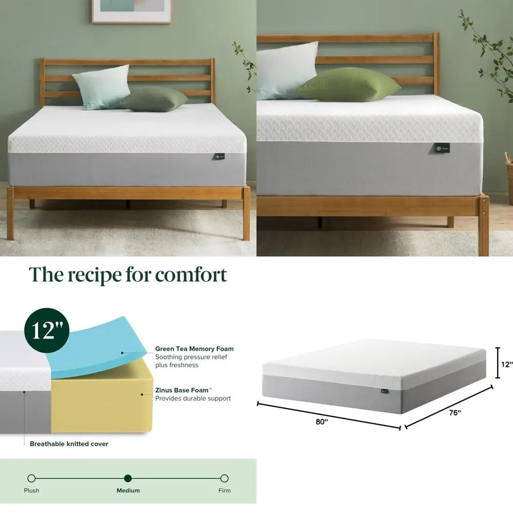 "12-inch premium green tea memory foam mattress - king size, medium firmness, breathable design, fiberglass-free"