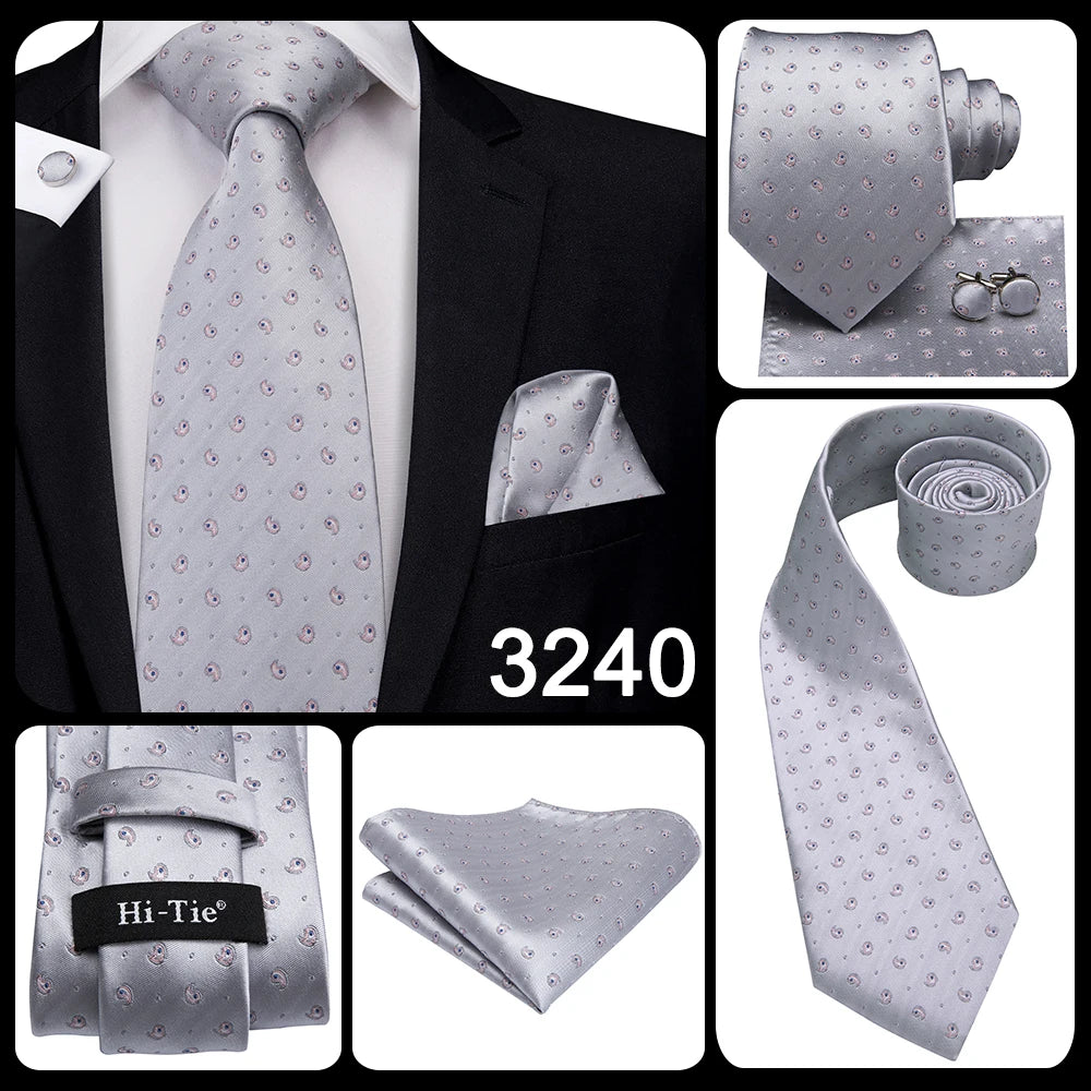 Hi-Tie Luxury Silver Men’s Necktie Set with Pocket Square & Cufflinks | Wedding, Business & Formal Events