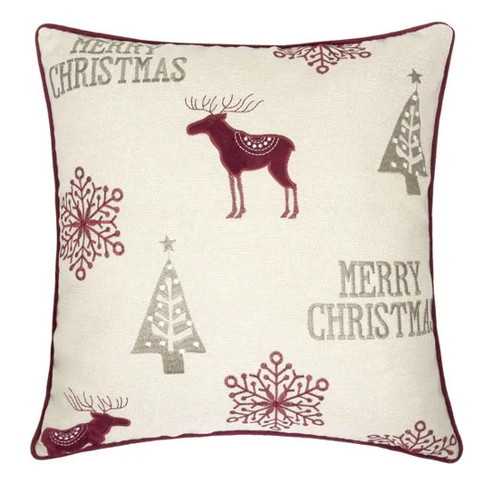 20x20" Festive Poly Linen Throw Pillow – Holiday Cushion with Reindeer, Trees & Snowflakes, Perfect for Christmas Decor