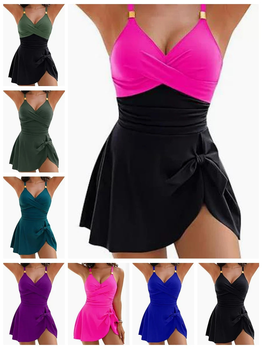 Women’s Tummy Control Swim Dress | Ruched One-Piece Swimsuit with Skirt | V-Neck Bathing Suit