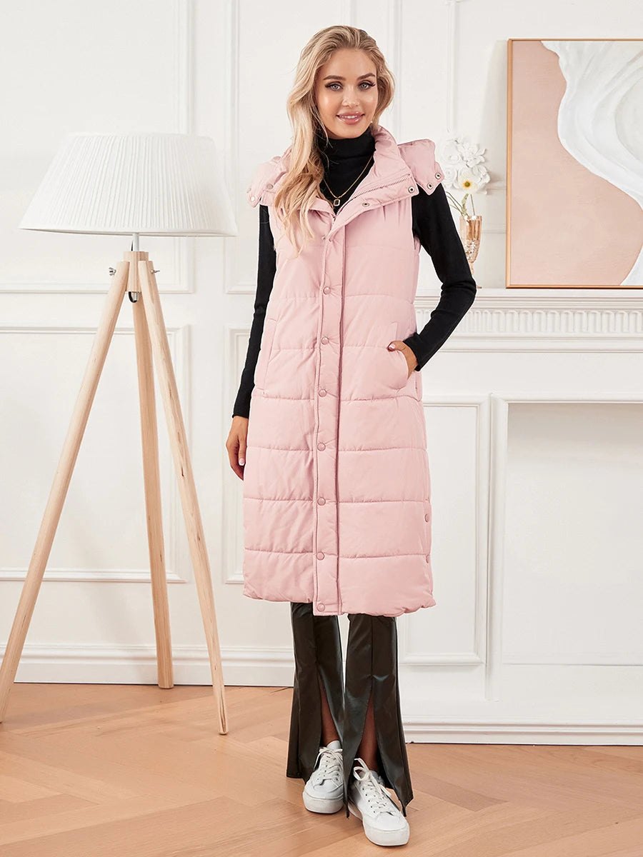 Women s Quilted Puffer Vest with Hood Sleeveless Zip-Up Winter Jacket Solid Color Warm Coat with Pockets for Cold Weather