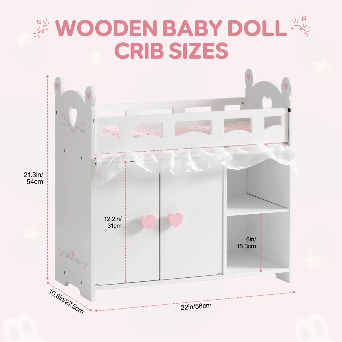 Robotime Robud Doll Crib Changing Table Wooden with Storage Bedding Hooks Fits 18-21" Baby Dolls Pretend Play Gift for Girls