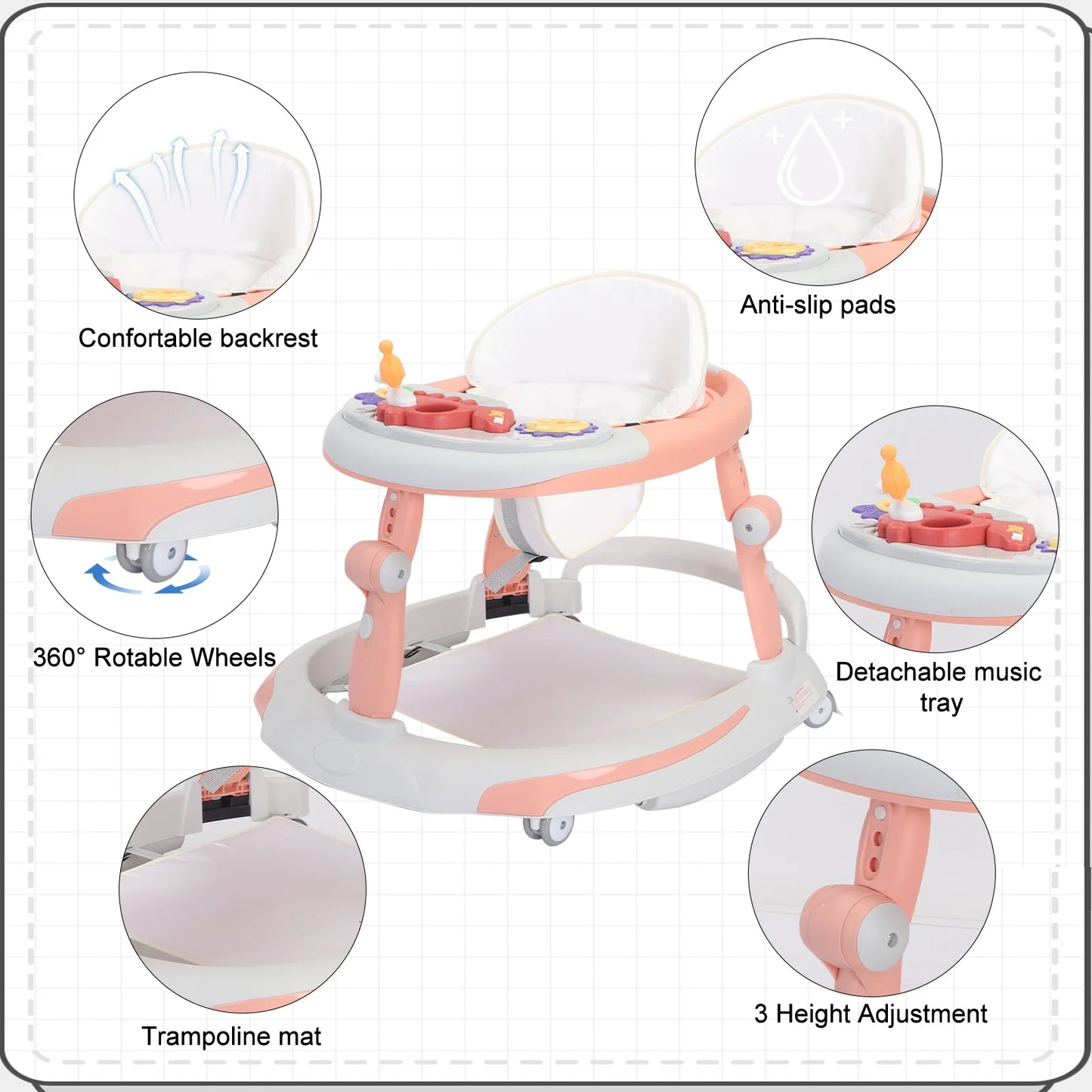 UBRAVOO Foldable Baby Walker with O-shaped legs & multi-function Rollover prevention, 6-18 Months, Adjustable Height, Music Toy