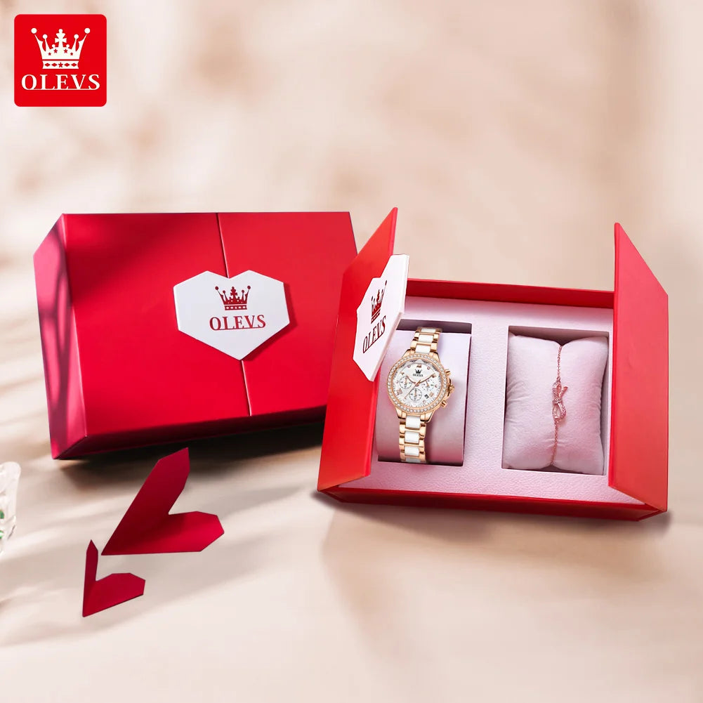 OLEVS Luxury Women’s Waterproof Chronograph Watch. Rose Gold Crystal Fashion Timepiece