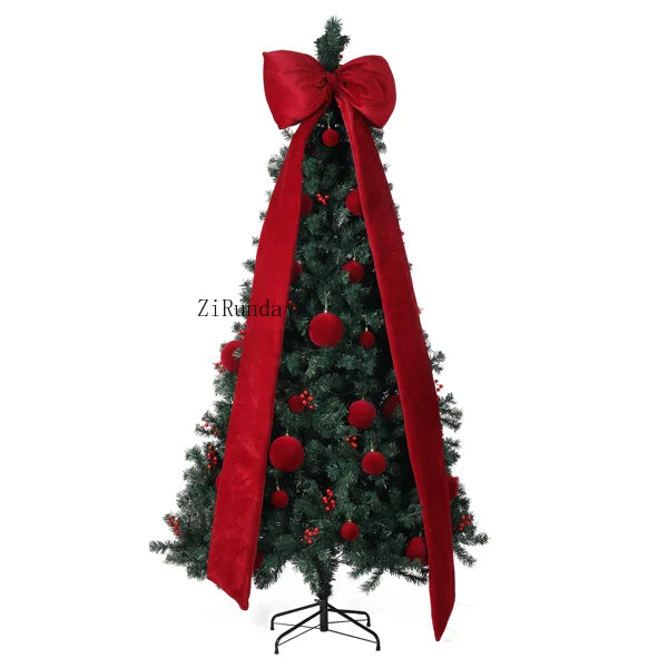 7.5 FT Pre-Lit Artificial Christmas Tree – 300 Warm White LED Lights with Red Ribbon, Holiday Home Décor & Metal Stand