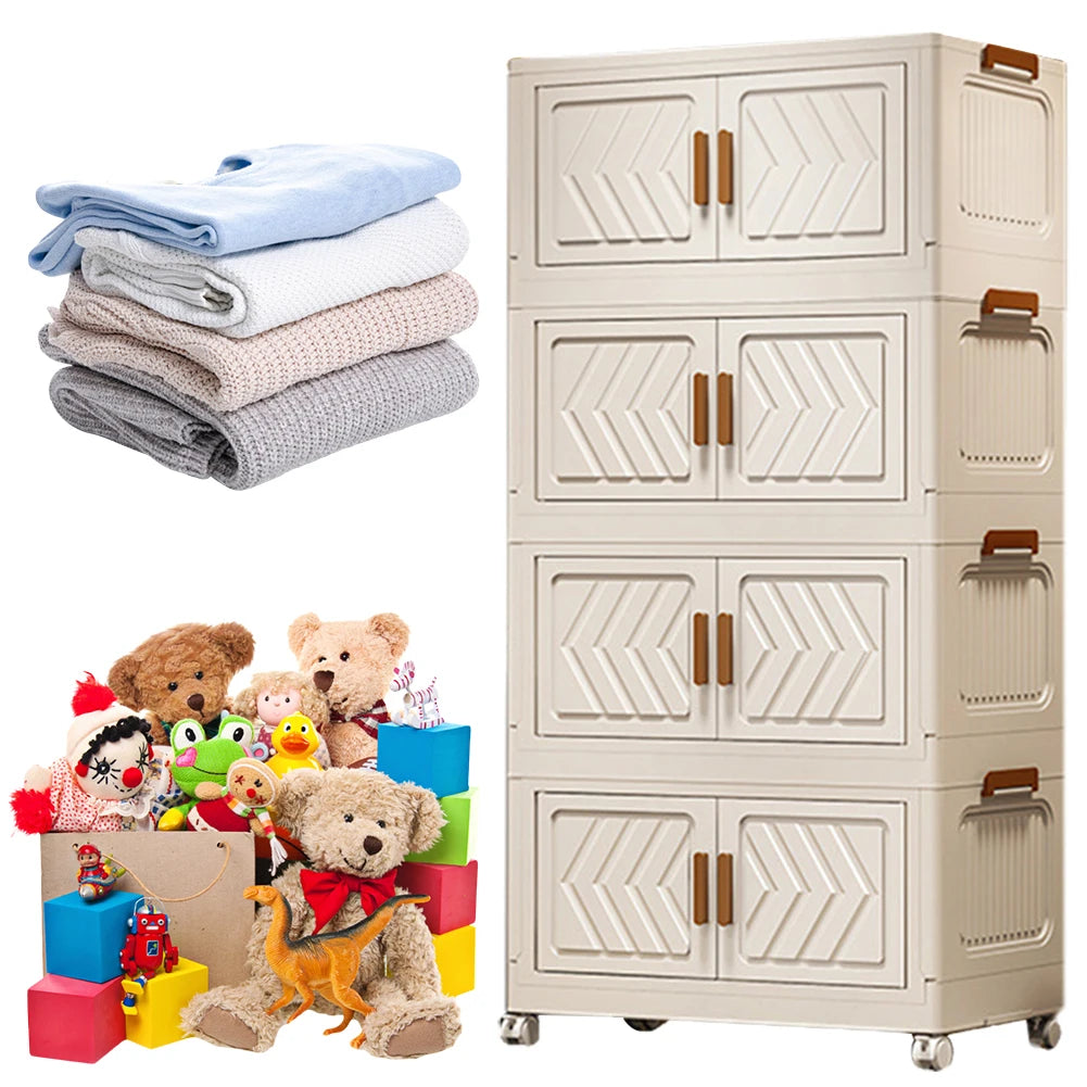 4 Tier Stackable Box Organizers Foldable Organization with Doors and Wheels Folding Storage Cabinet Shelf for Home Office Dorm