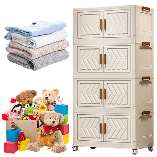 4 Tier Stackable Box Organizers Foldable Organization with Doors and Wheels Folding Storage Cabinet Shelf for Home Office Dorm