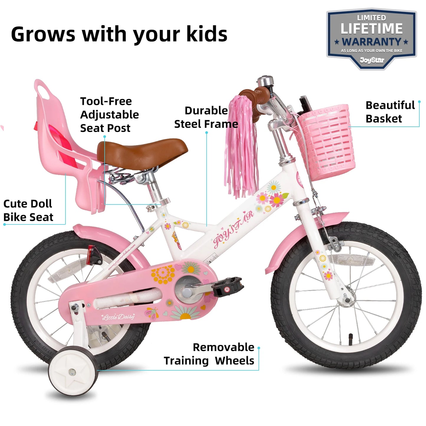 Girls Daisy Kids Bike with Training Wheels . Adjustable Bicycle for Ages 2–7