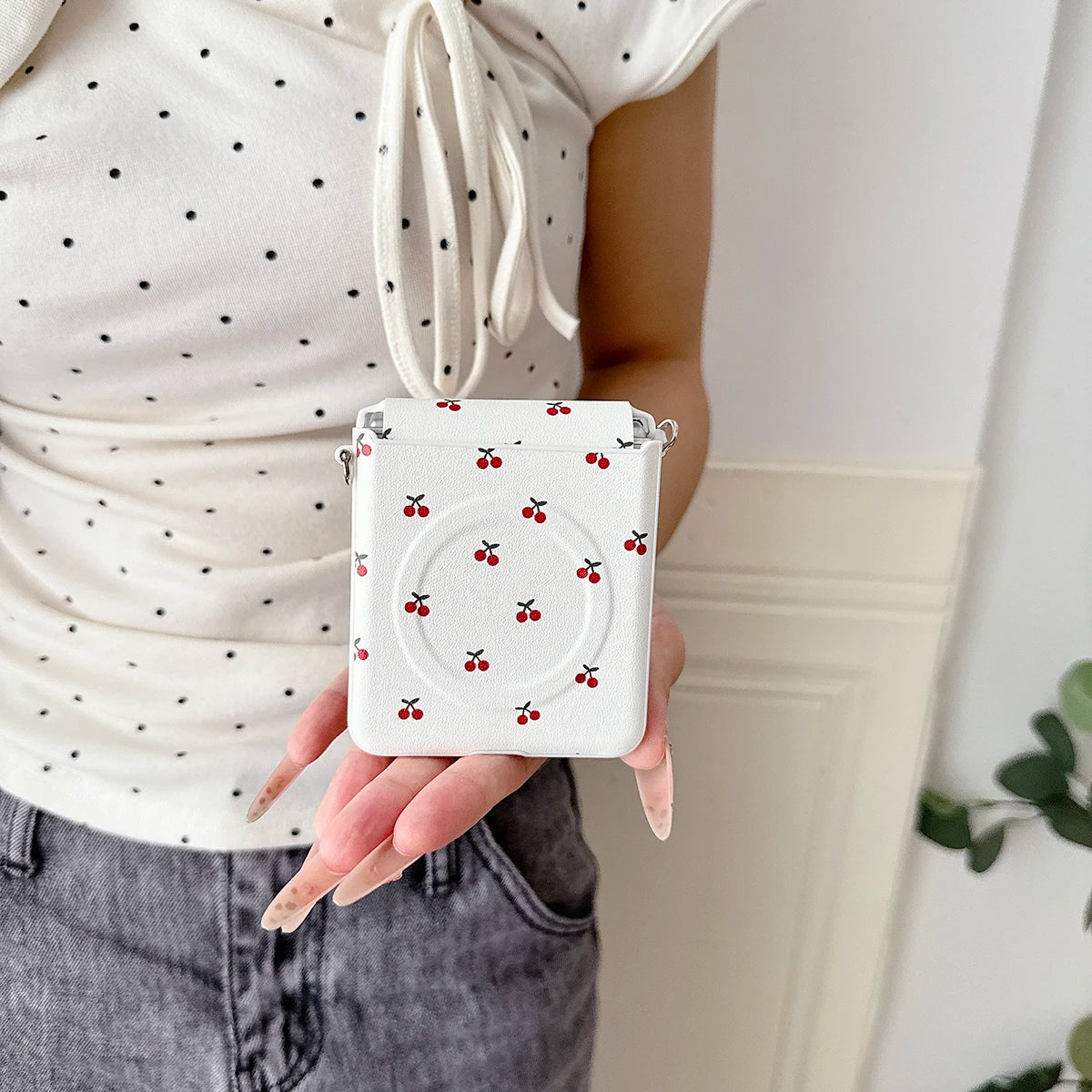 Cherry Print Magnetic Phone Case with Detachable Wrist Strap