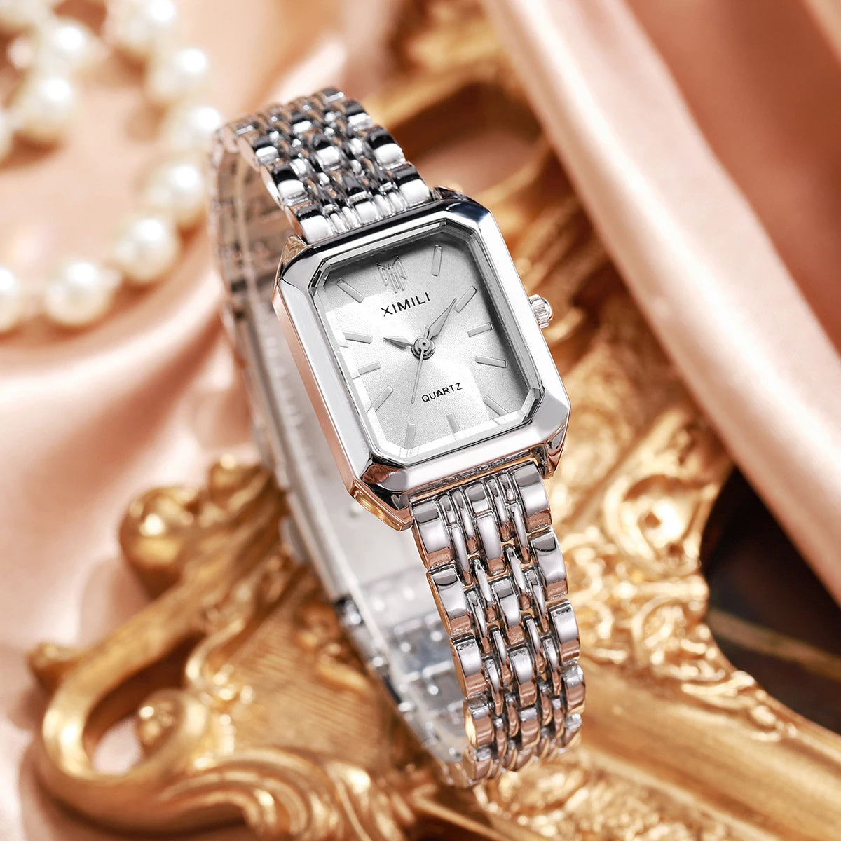 Elegant Women’s Rectangular Quartz Watch. Stainless Steel Bracelet Fashion Timepiece
