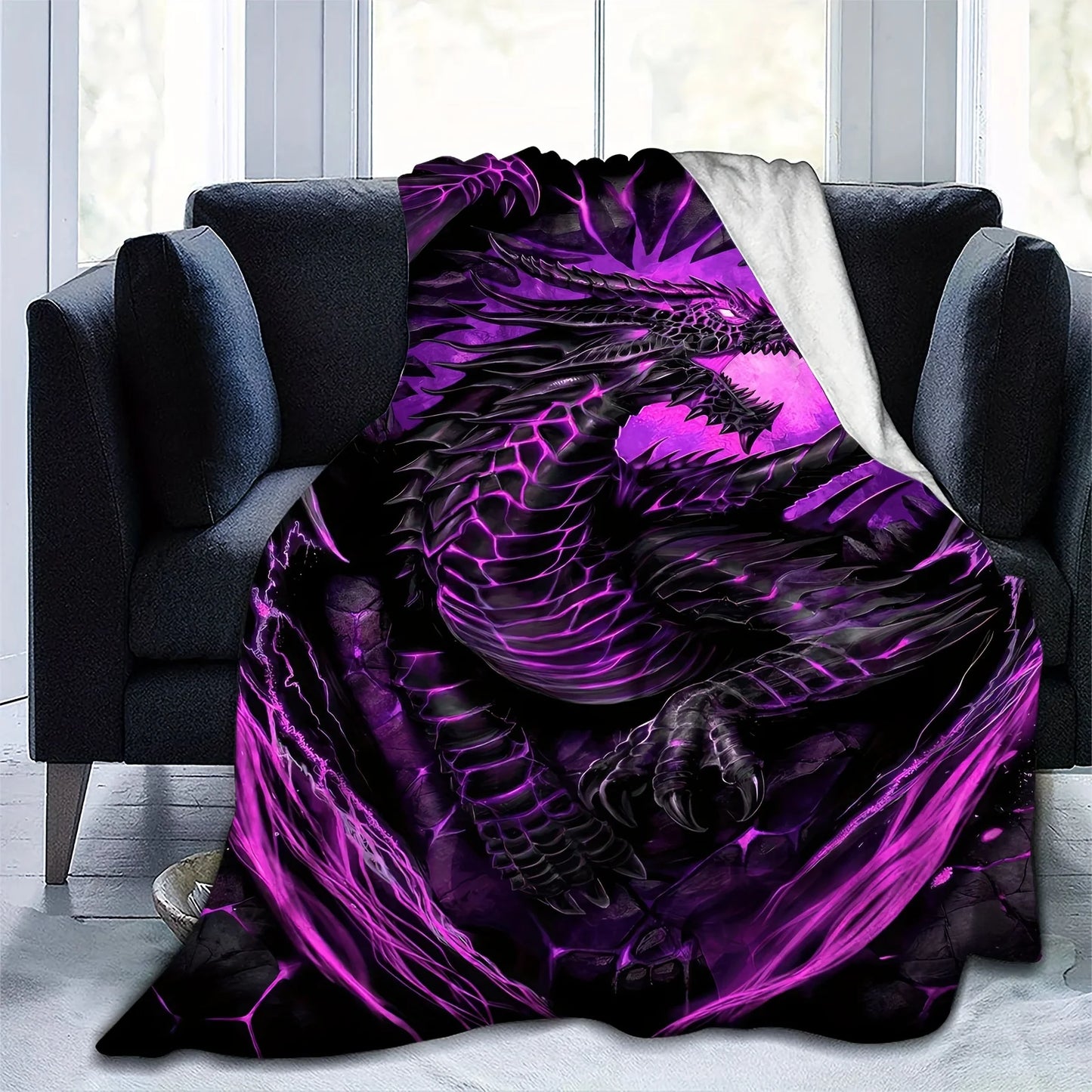 [Dragon Print Flannel Gift Blanket] 1 piece gothic dragon print flannel blanket, gift square blanket is soft and comfortable, su