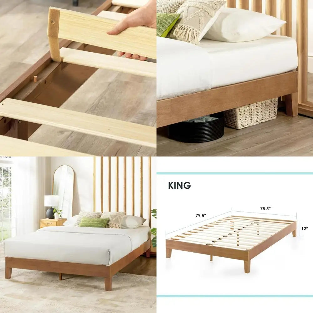 "12" solid wood grand platform bed with wooden slats - no box spring required - king size in natural pine finish"
