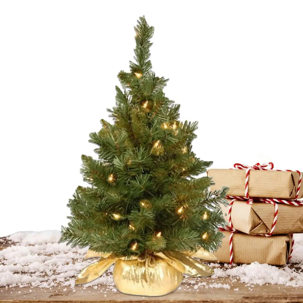 Pre-Lit Artificial Pine Christmas Tree . 60cm Mini Tabletop Christmas Tree with Warm LED Lights & Burlap Base