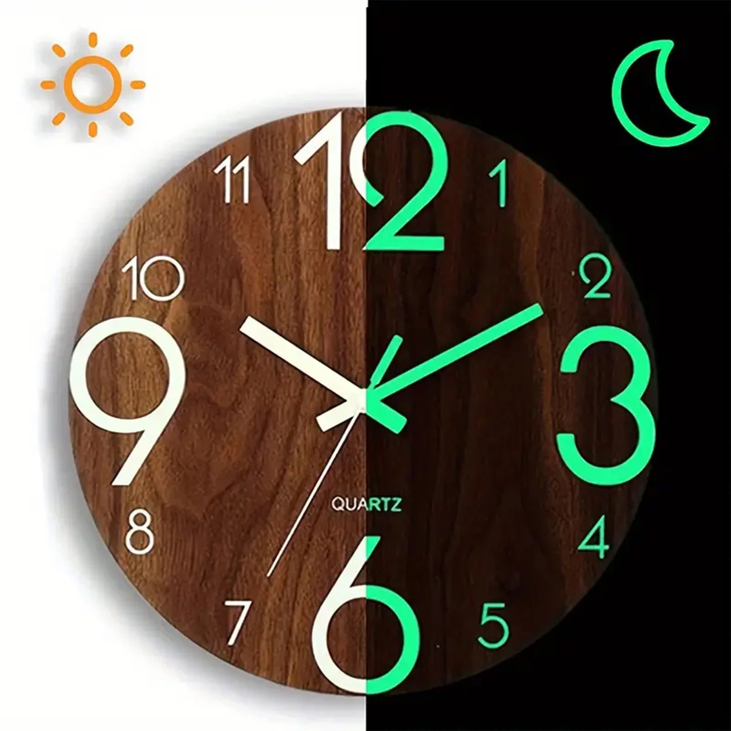 Glow in the Dark Silent Wooden Wall Clock