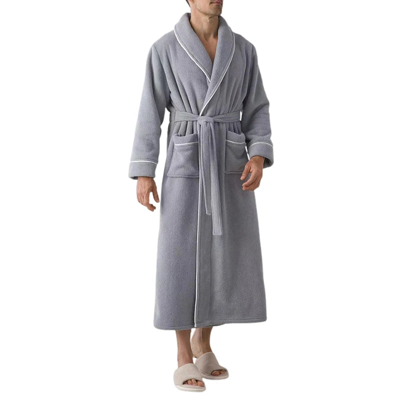 Luxurious Men s Plush Shawl Collar Bathrobe with Cozy Long Sleeves and Belt - Stay Warm and Stylish in this Soft Spa Robe