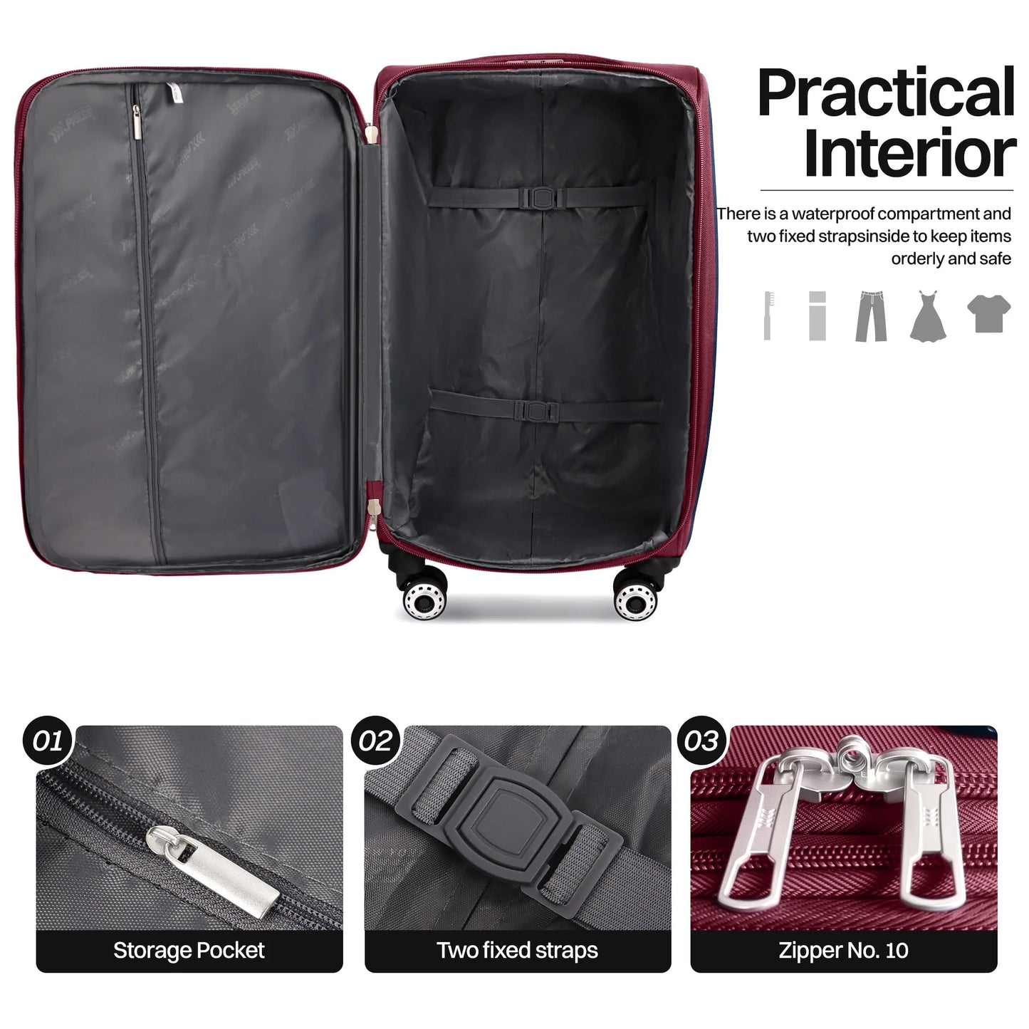 Softside Luggage Expandable 3 Piece Set Suitcase Upright Spinner Softshell Lightweight Luggage Travel Set 20inch 24inch 28inch