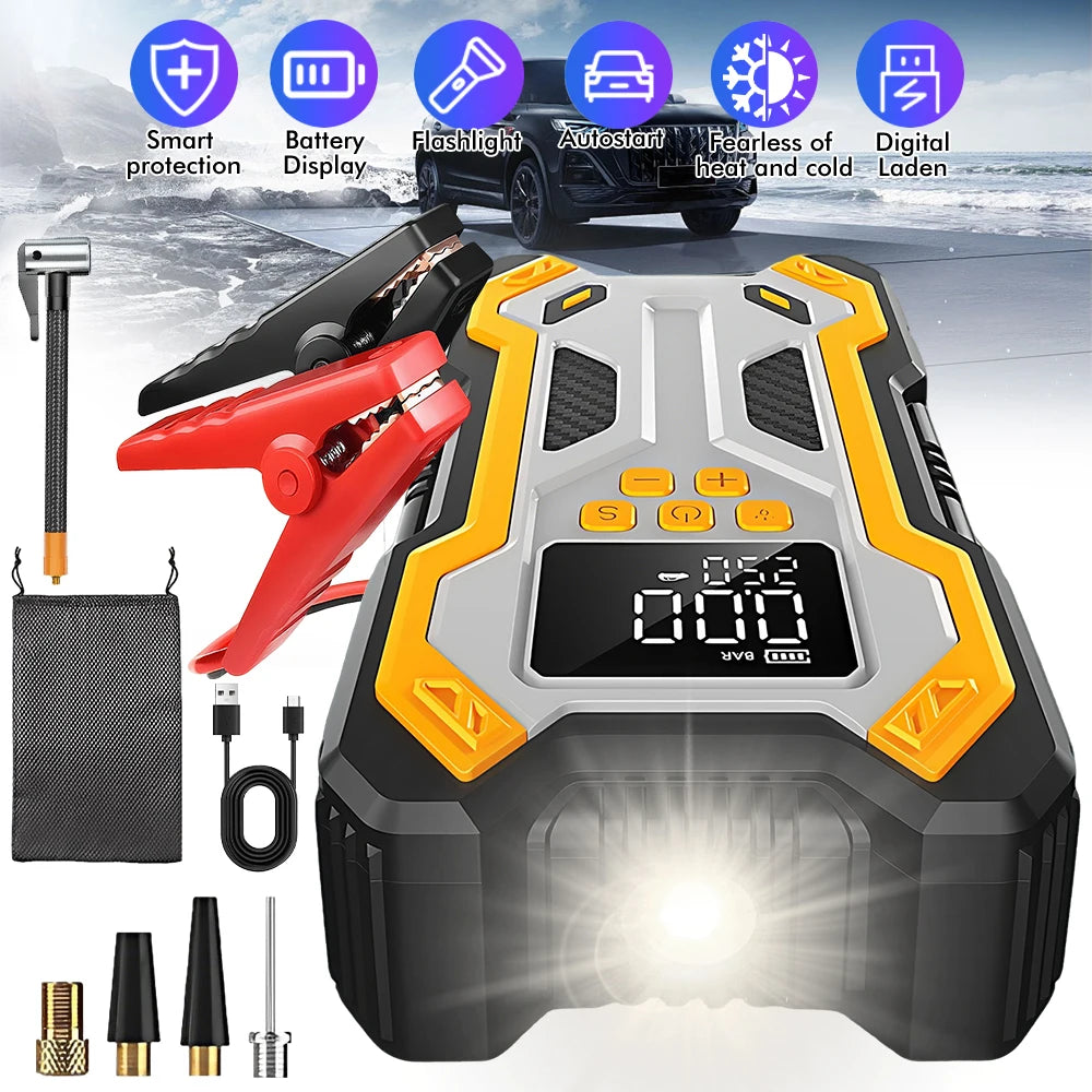 Portable Car Jump Starter with Digital Tire Inflator | 12V Battery Booster Pack | Air Compressor | LED Flashlight | USB Power Bank