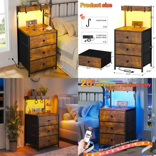 "contemporary 3-drawer nightstand with usb charging & led lighting for bedrooms and dorms"