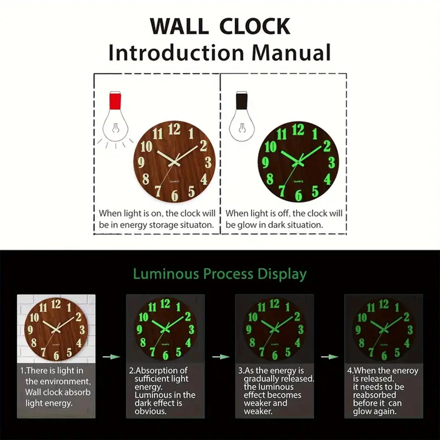 Glow in the Dark Silent Wooden Wall Clock