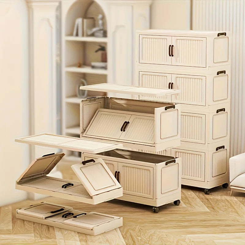 3/4-Tier Foldable Cabinet, Plastic Bins, Portable Wardrobe Organizer, Rolling Stackable Drawers. For Bedroom, Living Rm, Office,