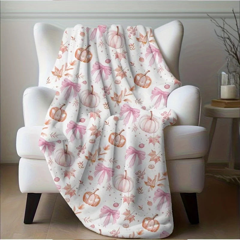 Cozy Pink Pumpkin & Leaf Flannel Plush Blanket. Soft All Season Throw Blanket