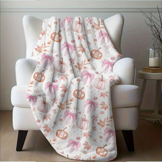 Cozy Pink Pumpkin & Leaf Flannel Plush Blanket. Soft All Season Throw Blanket