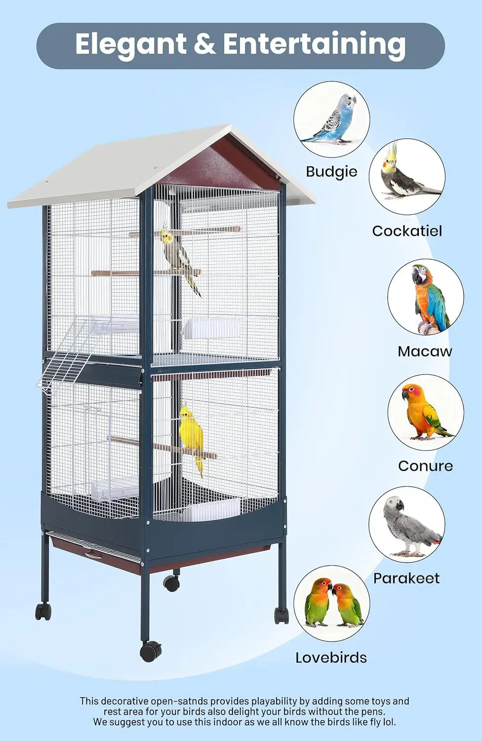 66-Inch Extra-Large Bird Cage with Waterproof Roof & Rolling Stand