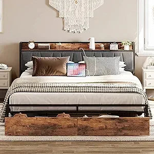 "king-size bed frame with storage headboard, charging station, and underbed drawers - no box spring required, easy assembly"