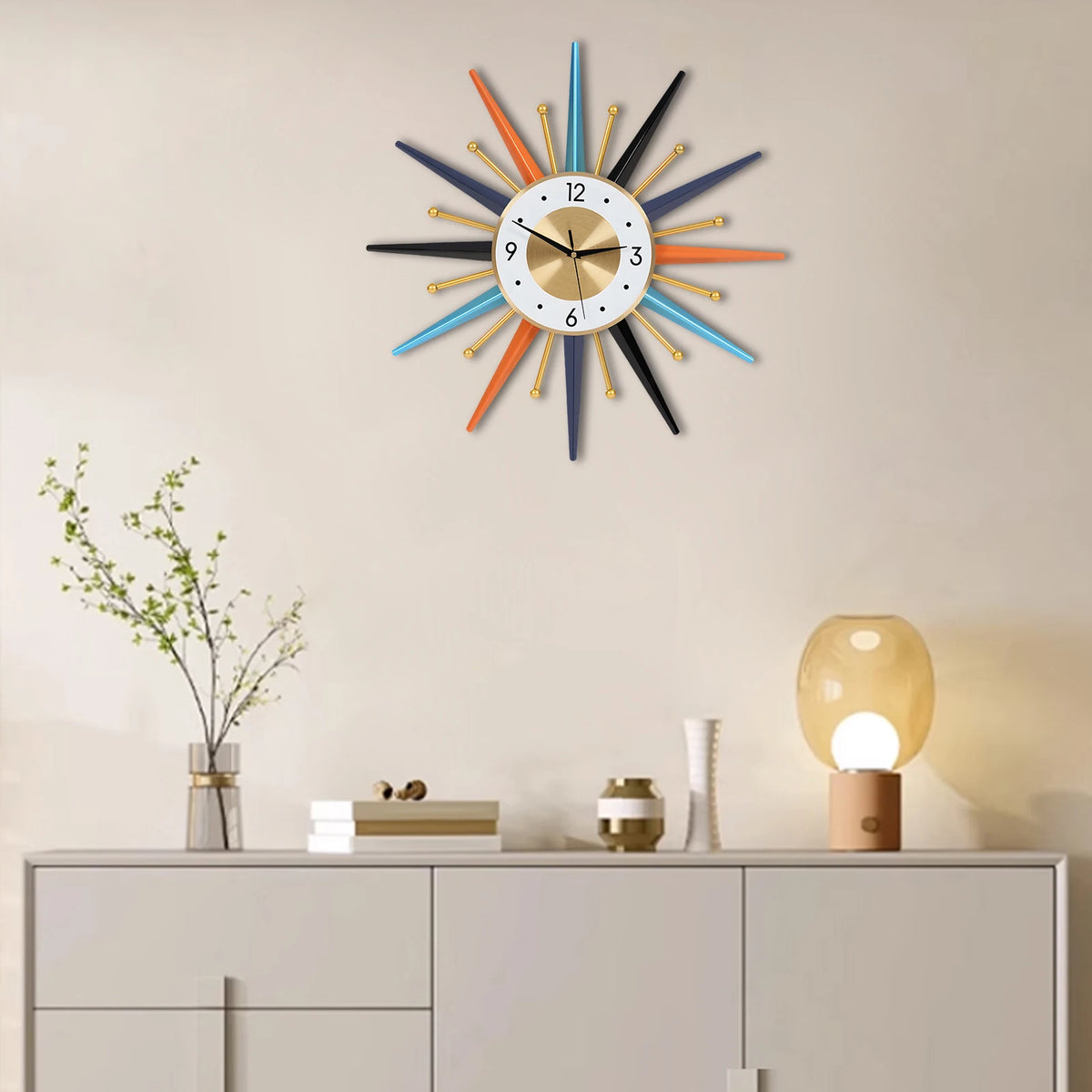 Colorful Starburst Wall Clock – Mid-Century Modern Sunburst Décor