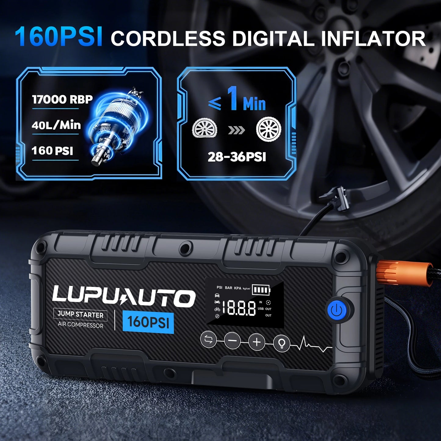 7000A Portable Car Jump Starter with Air Compressor | Battery Booster Pack | Digital Tire Inflator | Power Bank & LED Emergency Light