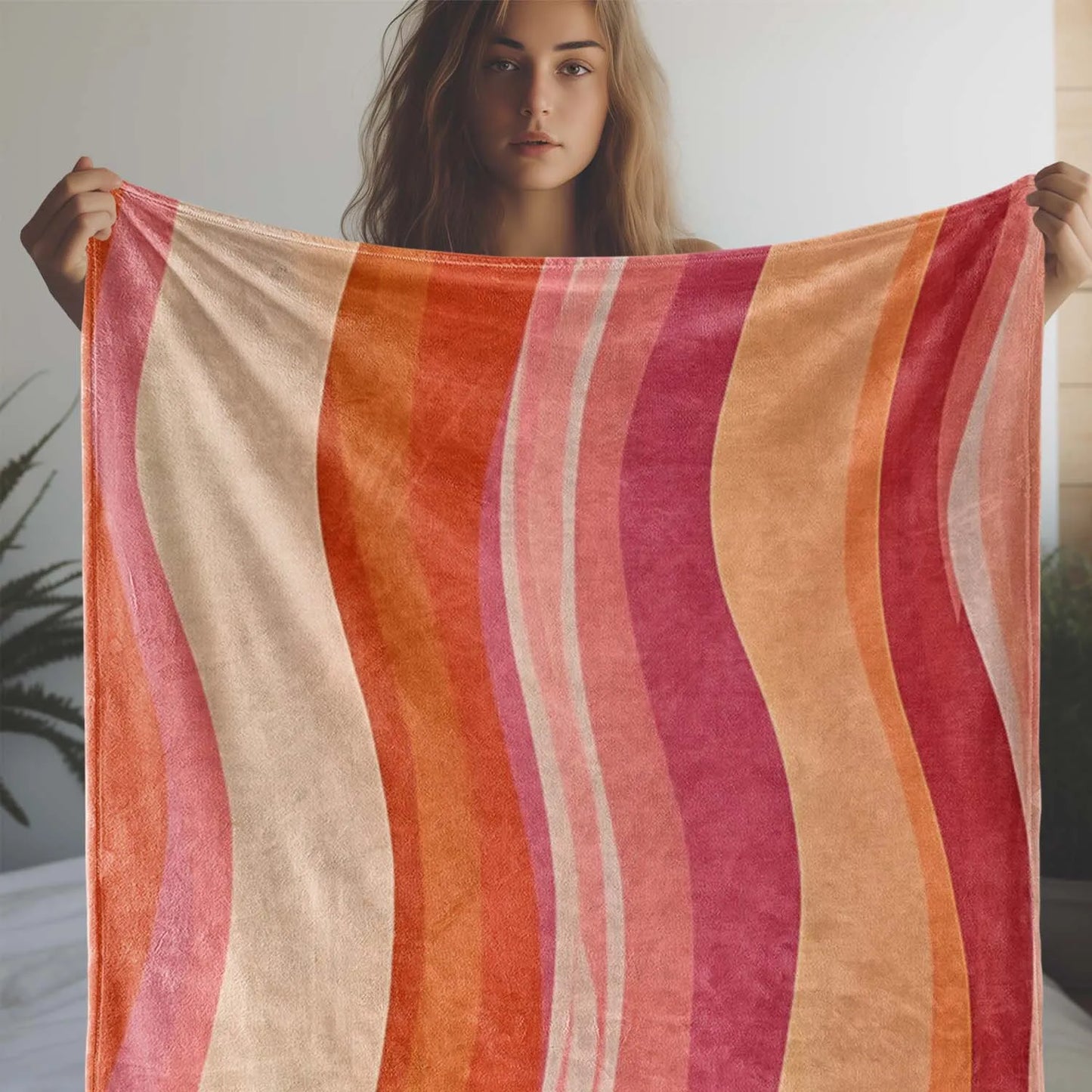 Colorful Striped Flannel Blanket - Soft, Cozy, All-Season Throw for Sofa, Bed, Car, Office, Camping & Travel - Pink, Orange