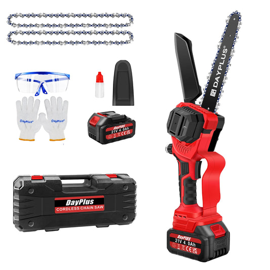 8 INCH Cordless Chainsaw with 1 x 4.0Ah Battery and Charger, Brushless Motor Handheld Chainsaw for Gardening Pruning, 2 Chains