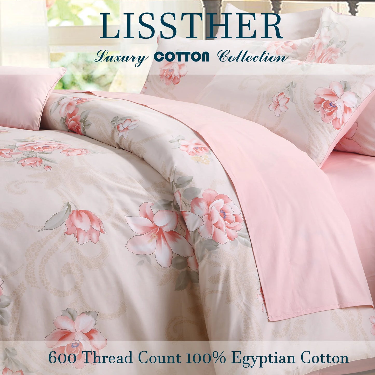 3pcs 600TC 100% Egyptian Cotton Duvet Cover Set, Pink Blooming Rose Pattern, Soft Skin-Friendly (No Inserts)