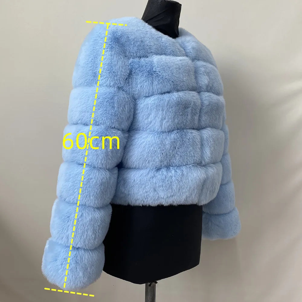 Women's Faux Fur Jacket . Plush Cropped Winter Coat with High Collar