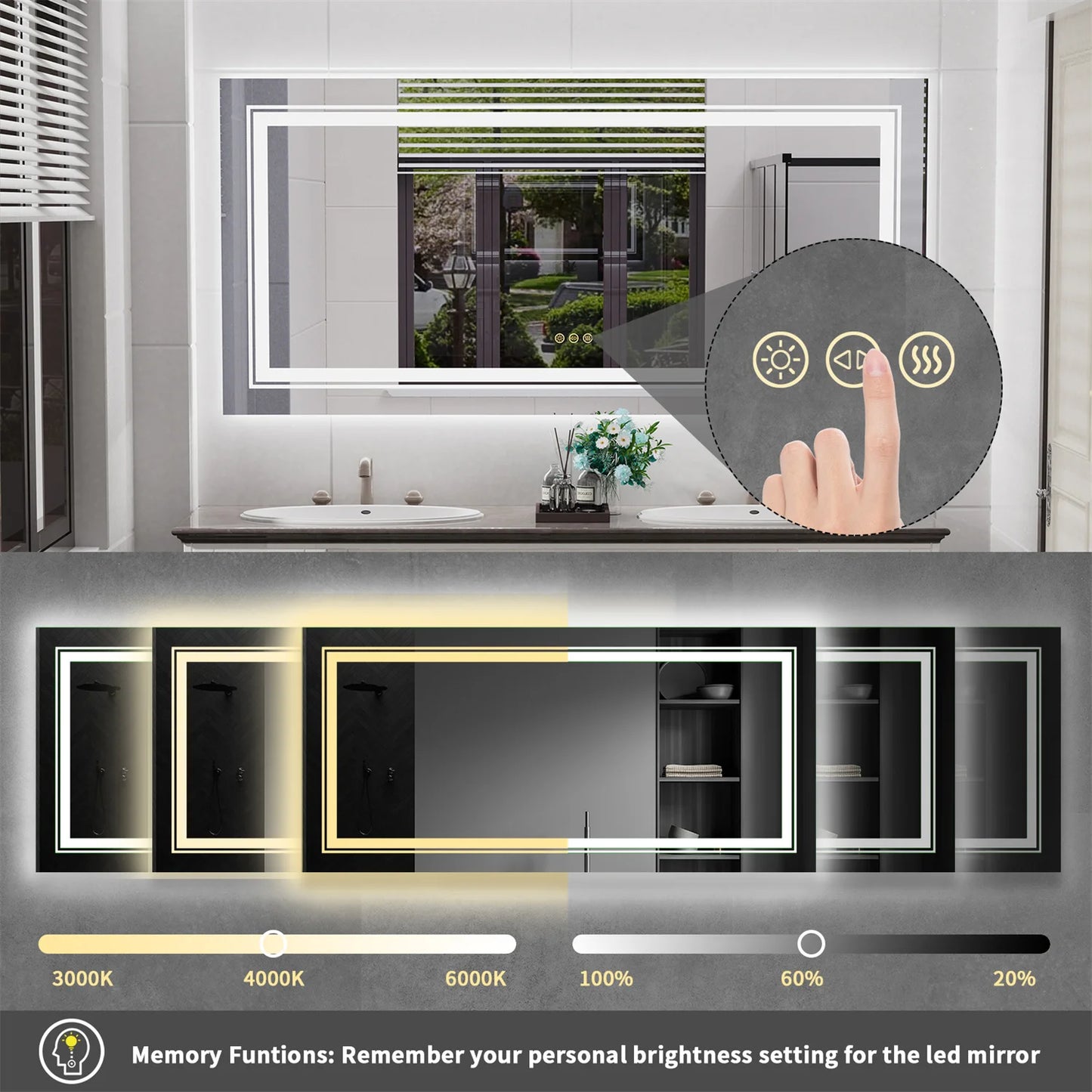 63" x 32" Extra Large LED Light Backlit Bathroom Mirror Dual Lights Makeup Anti-Fog Memory 3 Colors Dimmable With Touch Button