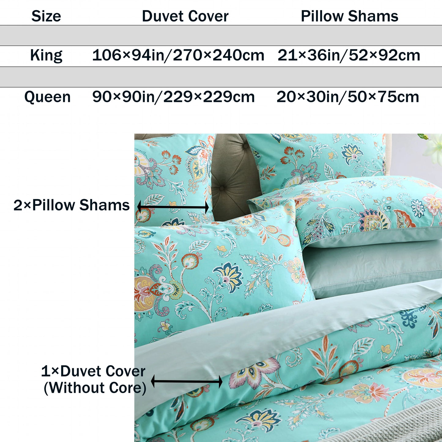 3pcs 600TC 100% Egyptian Cotton Duvet Cover Set, Vintage Cyan Paisley Floral, Soft Breathable Skin-Friendly (No Inserts)