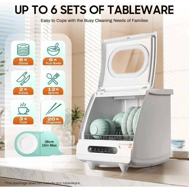 Portable tabletop dishwasher, compact dishwasher, countertop dishwasher, leak-proof drying, 360° spray arm, 5 programmes, white.