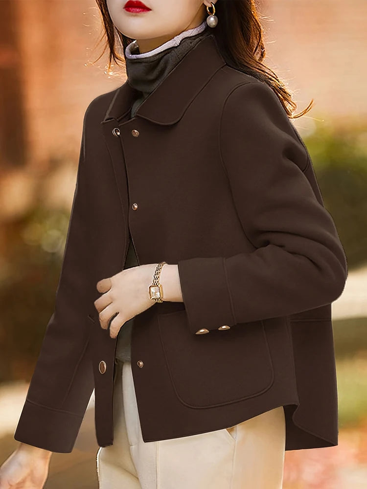 Women's Short Woolen Coat. Classic Button-Front Autumn & Winter Jacket