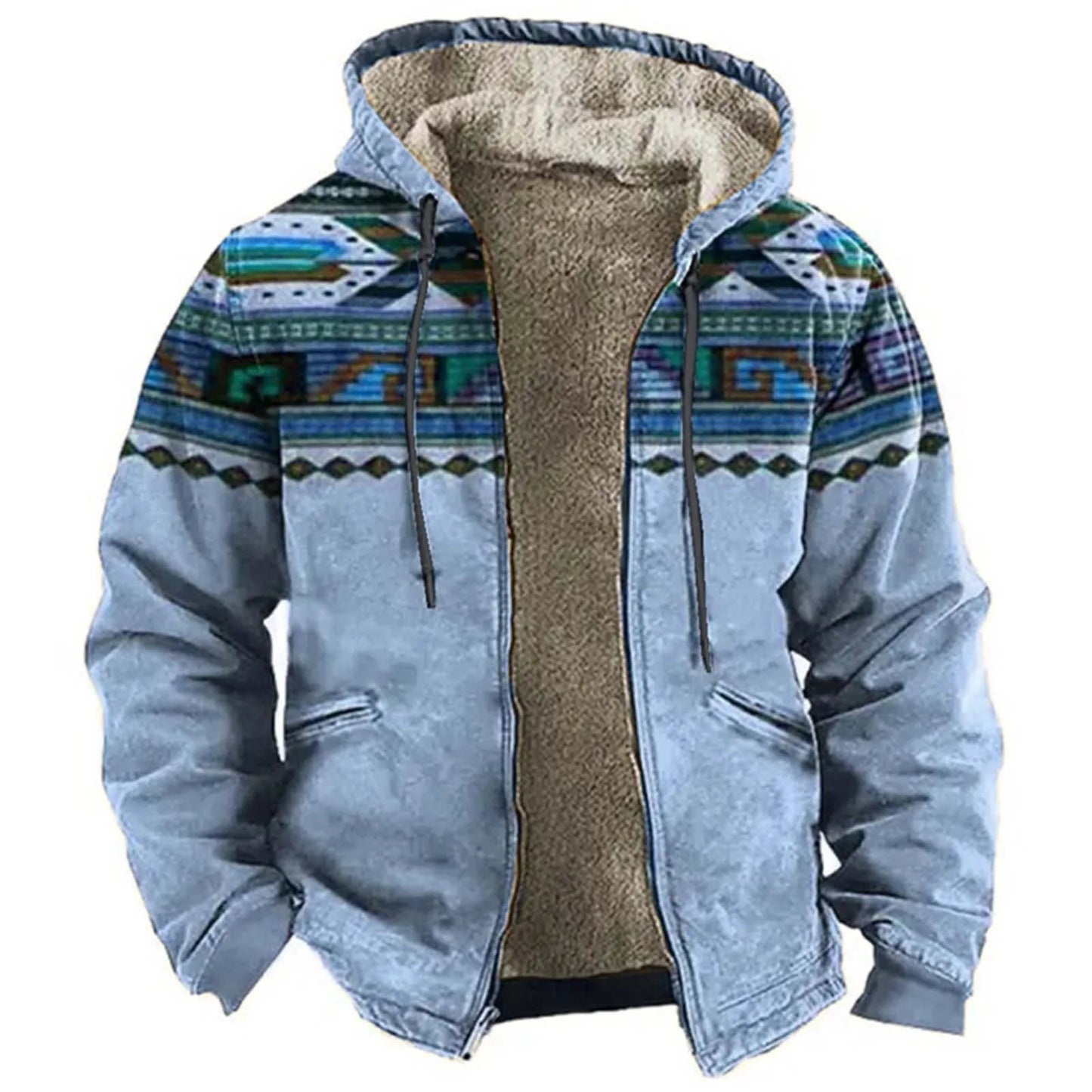 Men’s Sherpa Hooded Aztec Jacket. Warm Western Style Outdoor Coat