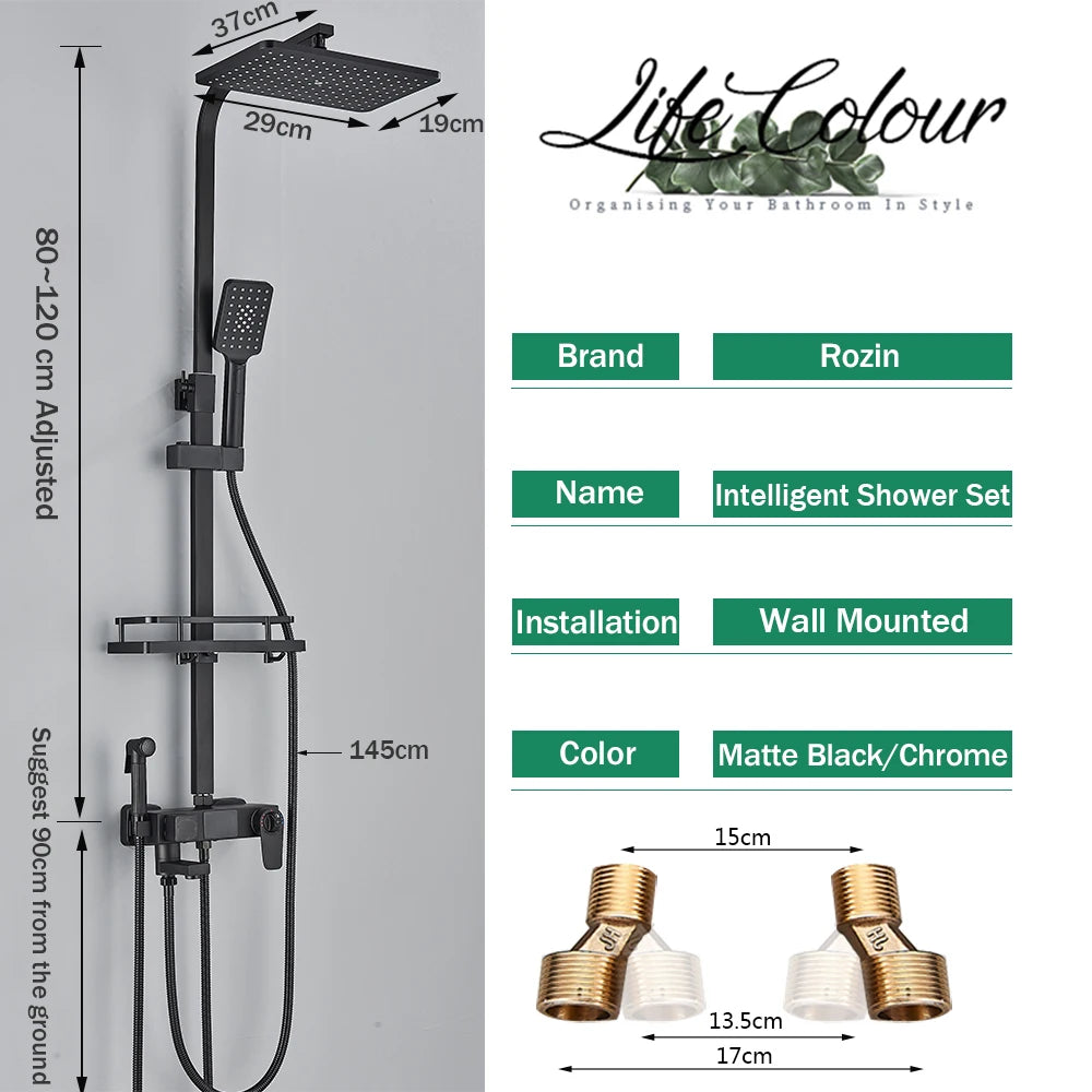 Black Digital Display Thermostatic Shower Faucet 4 Way