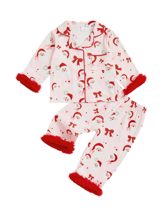 Cute Toddler Reindeer Pajama Set with Matching Hat and Fuzzy Trim - Long Sleeve Tops and Elastic Waist Pants for Girls