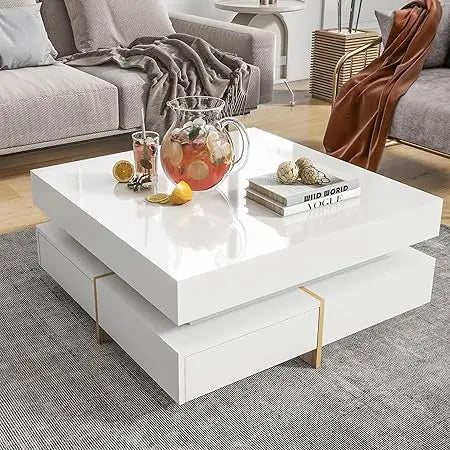 Modern Coffee Table with Storage, Contemporary Square Coffee Table with Drawers, High Gloss Modern Center Table for Living Room,