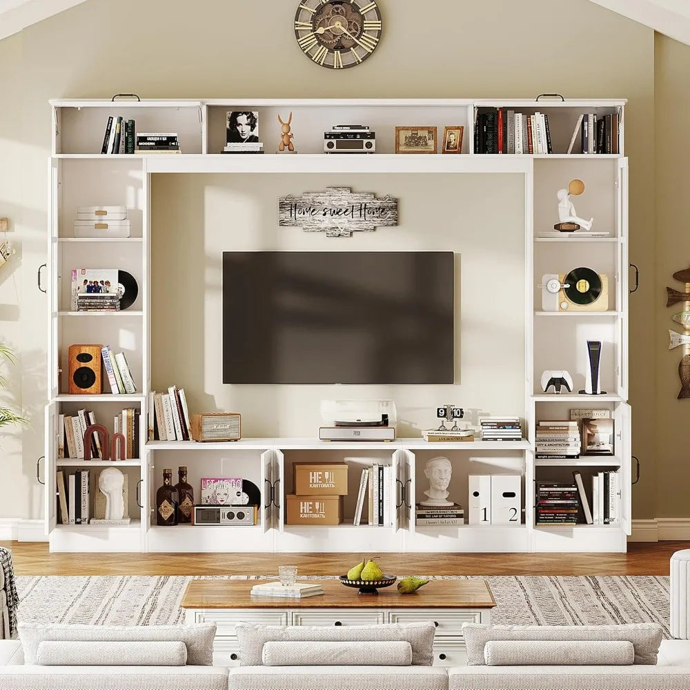 98" W Wall Unit TV Stand with Storage for TVs up to 80", Modern TV Console with LED Lights, Entertainment Center with Bookshelves.