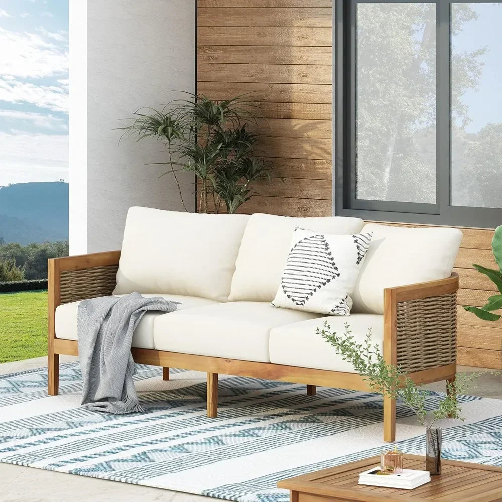 Outdoor Acacia Wood Wicker 3 Seater Patio Sofa Conversation Set