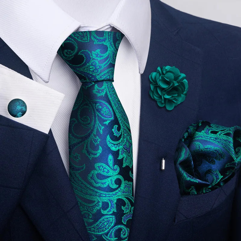 Luxury Green Floral Men’s Necktie Set .Tie, Pocket Square & Cufflinks