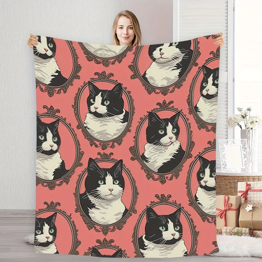 Black & White Cat Print Flannel Throw Blanket – Soft Cozy Cat Lover Blanket