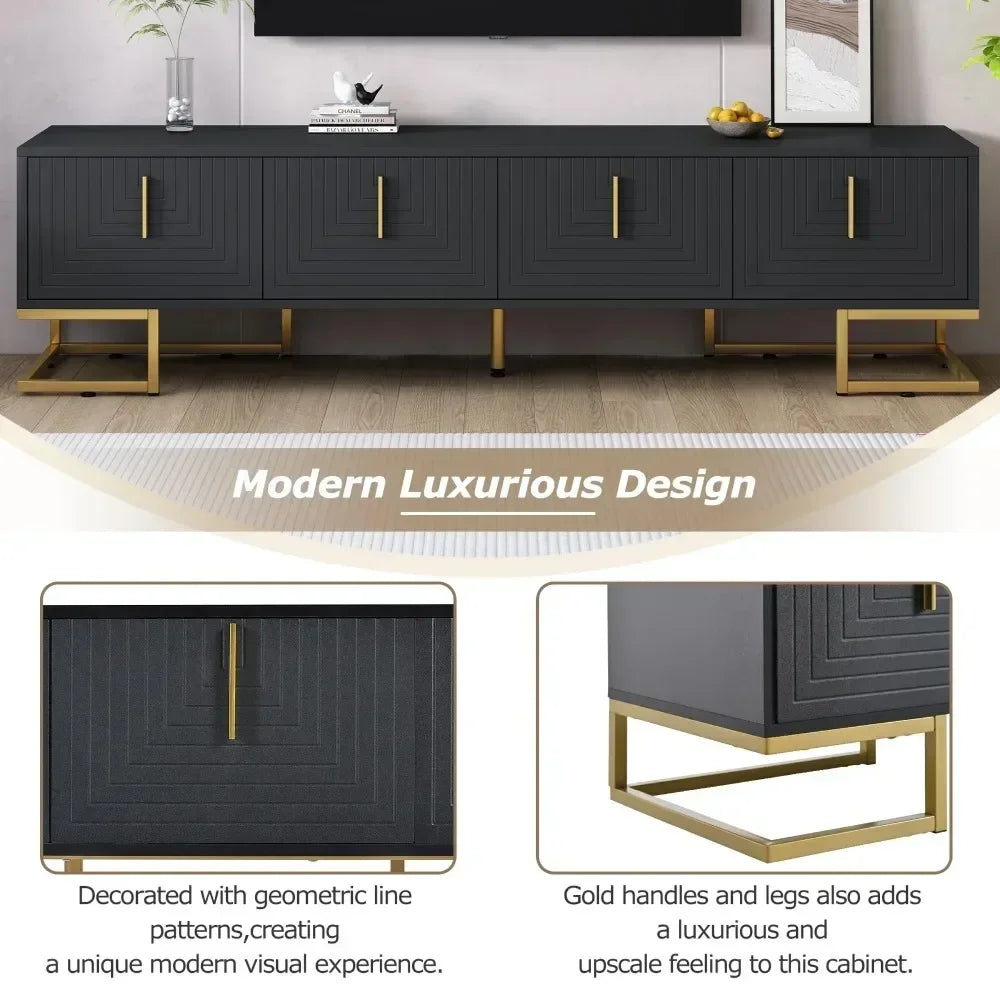 TV Stand for 80 inch TV with Golden Legs and Handles, with Cabinets and Adjustable Shelves,Modern Wood TV Cabinet