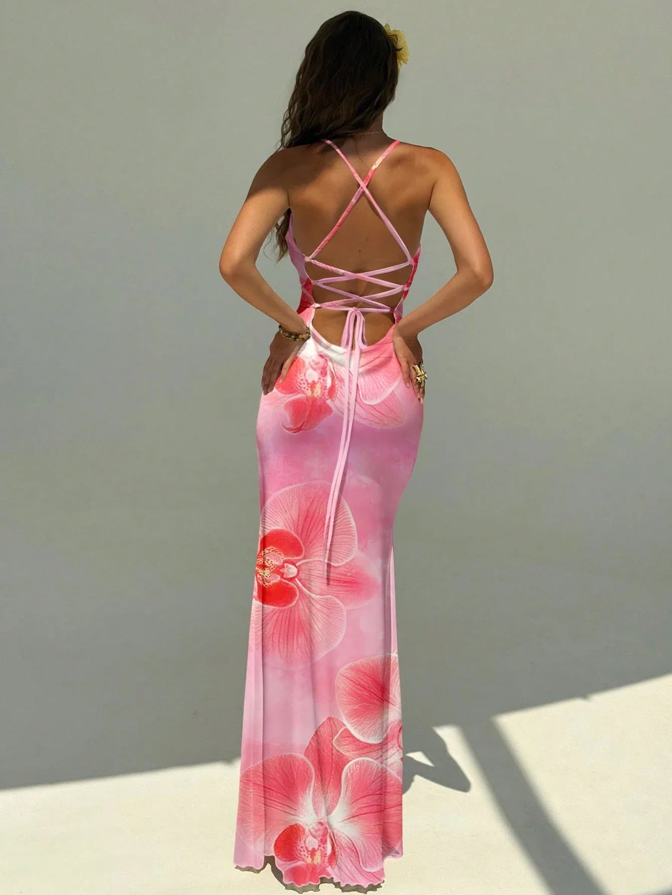 Elegant Pink Orchid Floral Print Backless Tie Strap Maxi Dress For Summer Vacation Beach Festival
