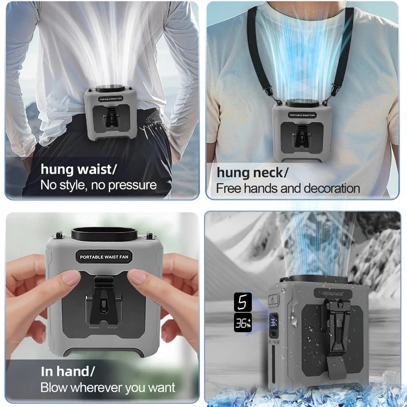 10000mAh Portable Neck Fan & Waist Clip Fan – Rechargeable Hands-Free Personal Cooling Fan  Product Description