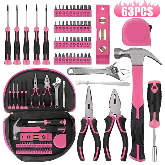 63pcs pink tool kit for Women's home repair tool set with hammer, pliers, wrench, screwdriver and carrying bag
